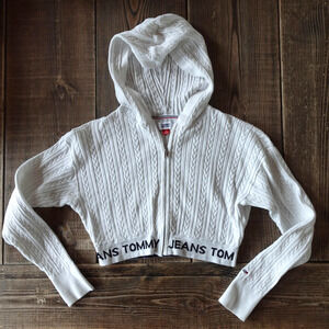 Tommy Hilfiger Sweater Womens XS White Cable Knit Zip Cropped Hoodie Logo 90s